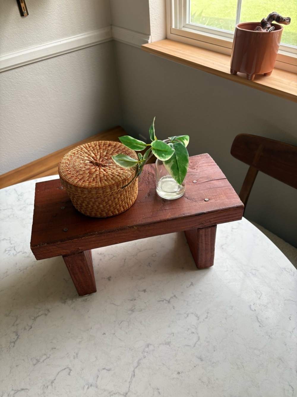 Vintage Rustic Small Wooden Bench/ Shelf - Deep Red Brown
